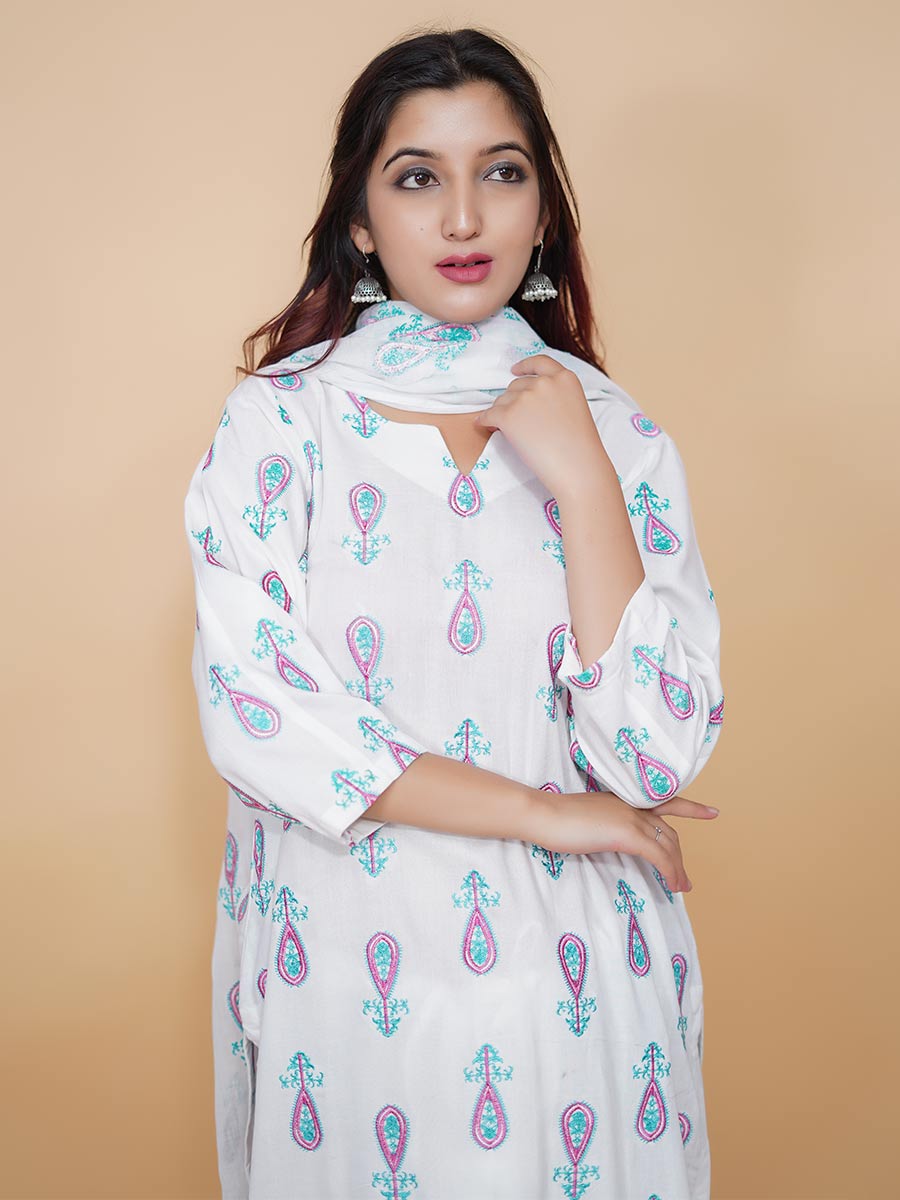 White Machine Work Rayon Kurta