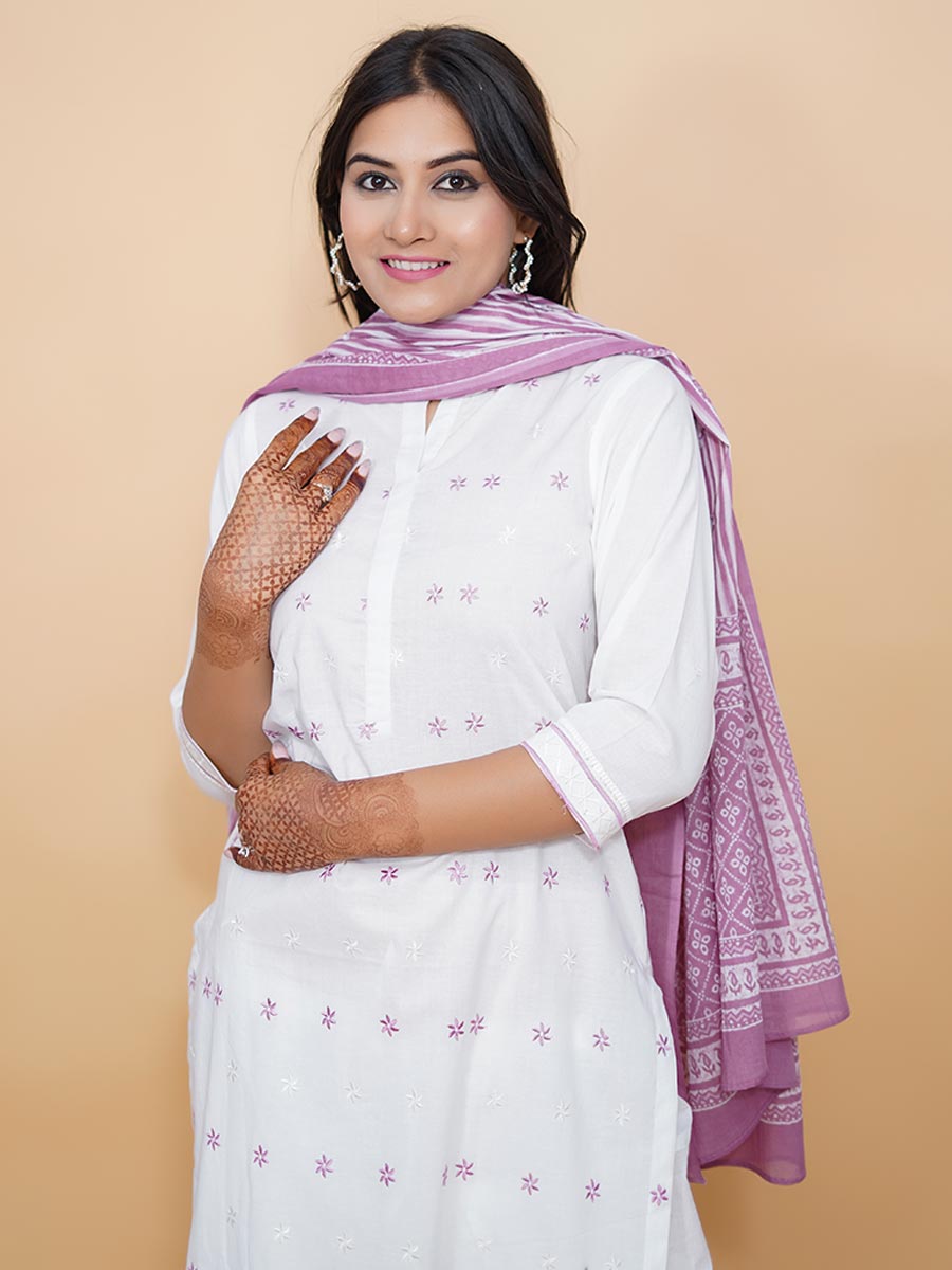 White Machine Work Cotton Kurta