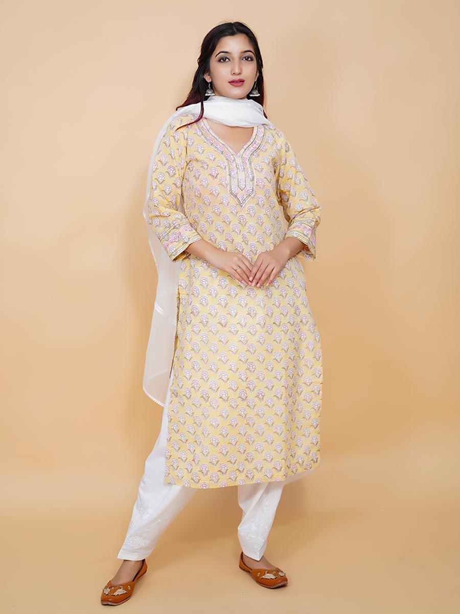 Yellow Block Print Cotton Kurta