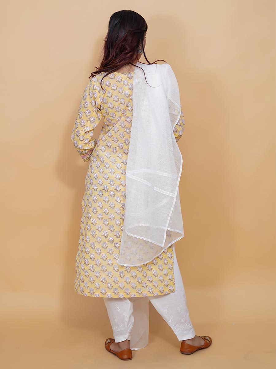 Yellow Block Print Cotton Kurta