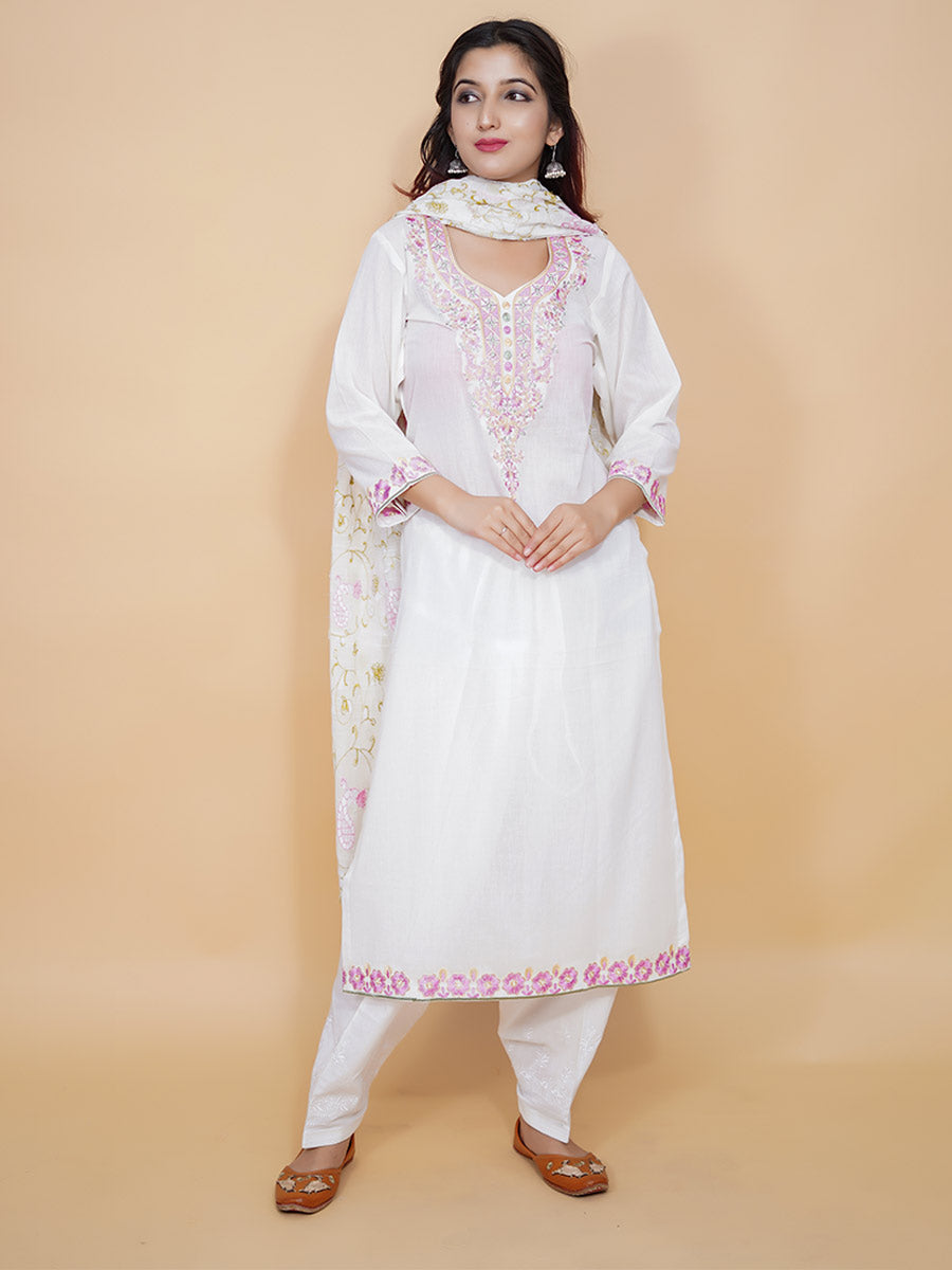 White Machine Work Cotton Kurta