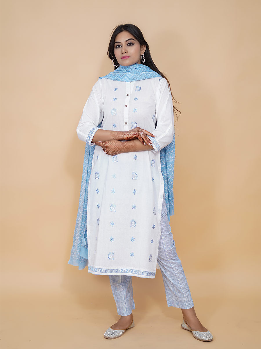 Blue Machine Work Cotton Kurta
