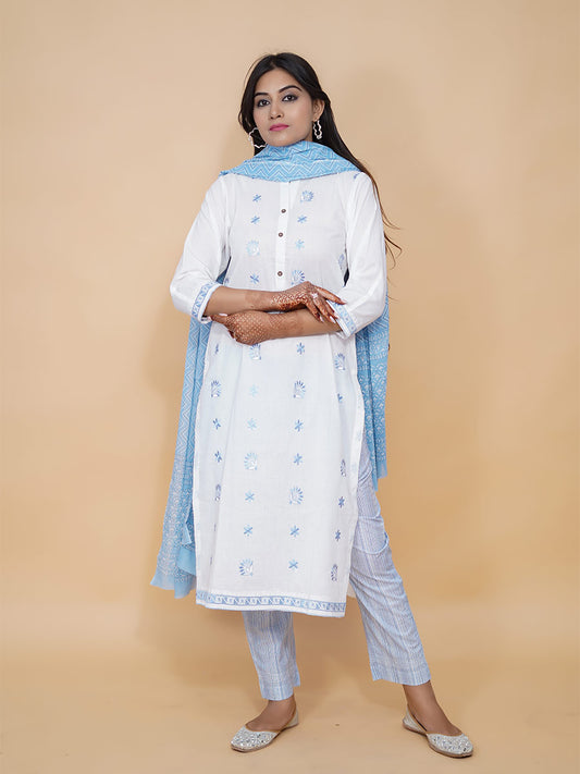 Blue Machine Work Cotton Kurta