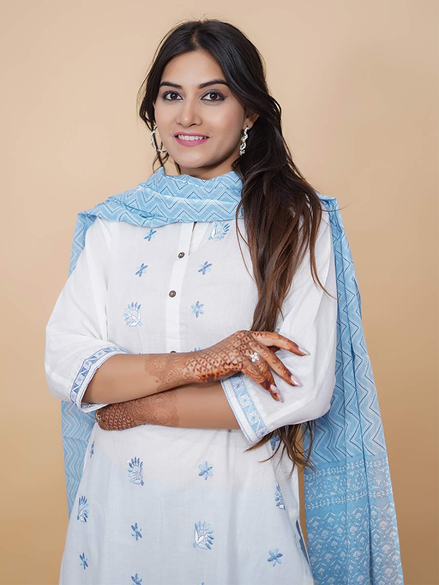 Blue Machine Work Cotton Kurta