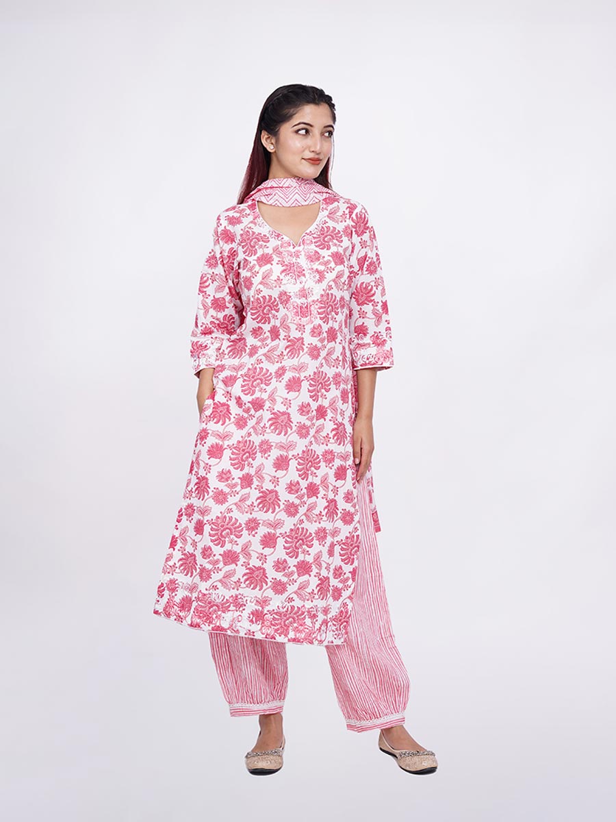 Pink Block Print Cotton Kurta