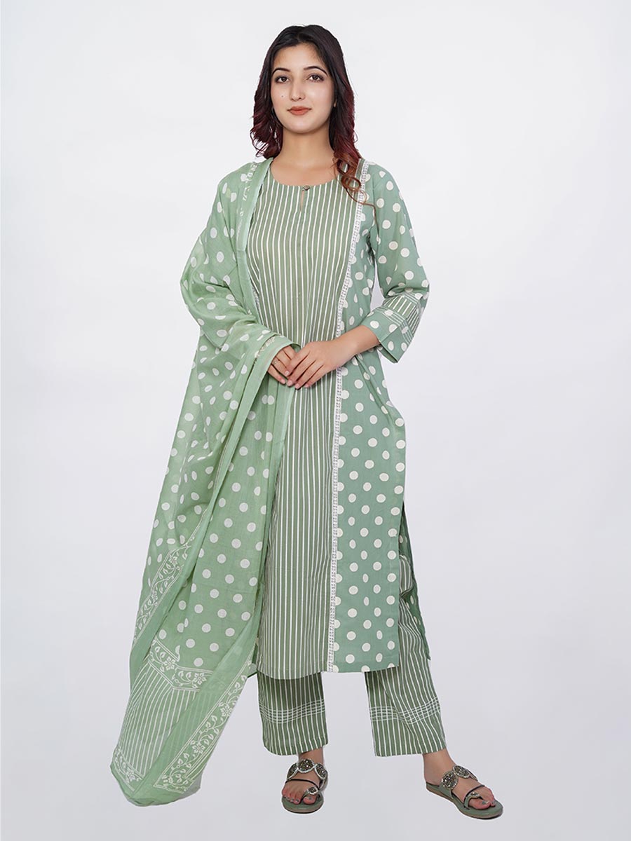 Green Polka Dot Print Cotton Kurta