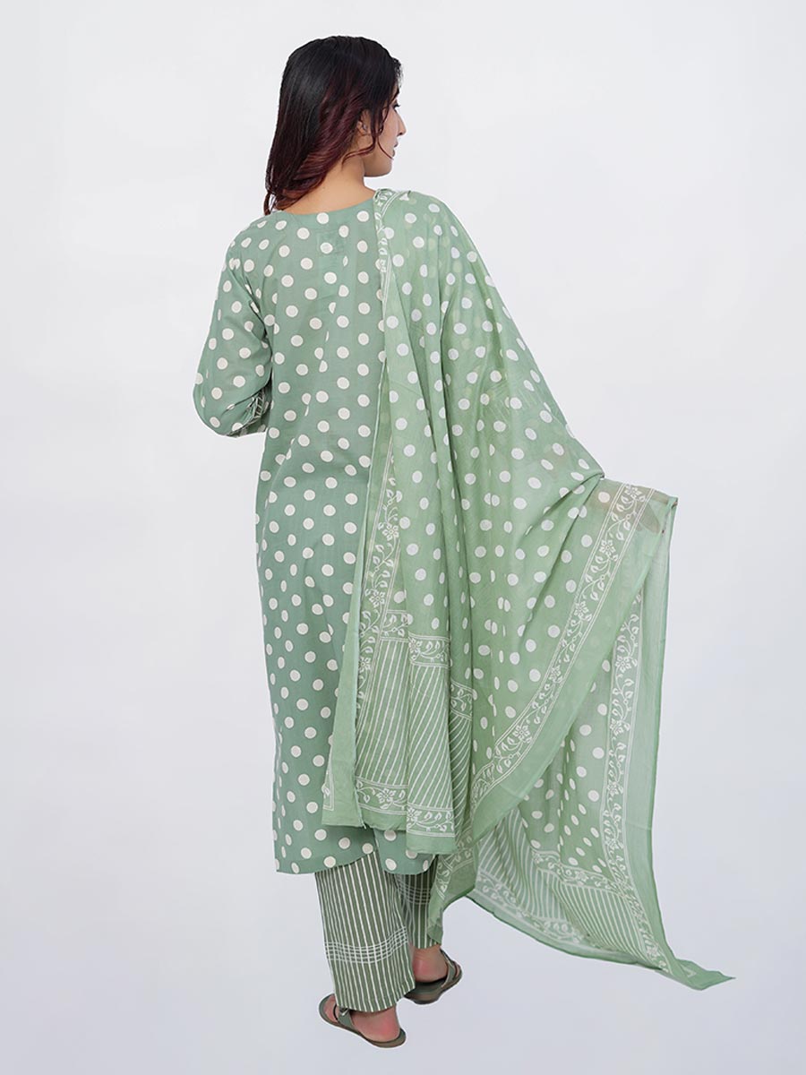 Green Polka Dot Print Cotton Kurta
