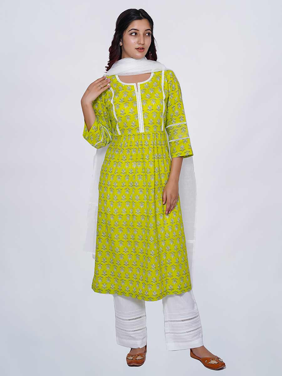 Green Block Print Cotton Kurta