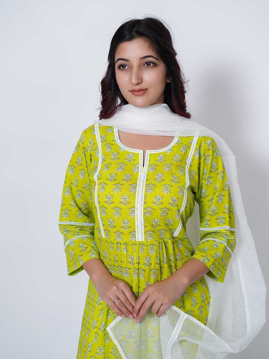Green Block Print Cotton Kurta