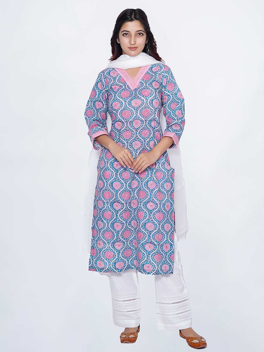 Blue Block Print Cotton Kurta