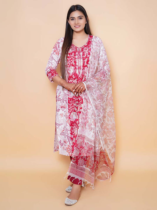 Red Kalamkari Print Cotton Kurta