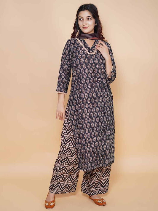 Black Block Print Cotton Kurta