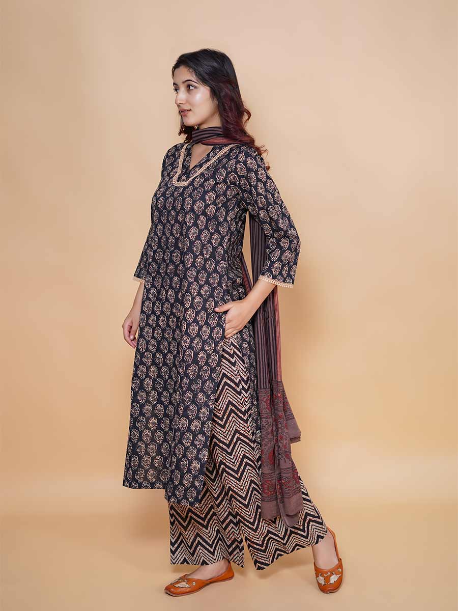 Black Block Print Cotton Kurta