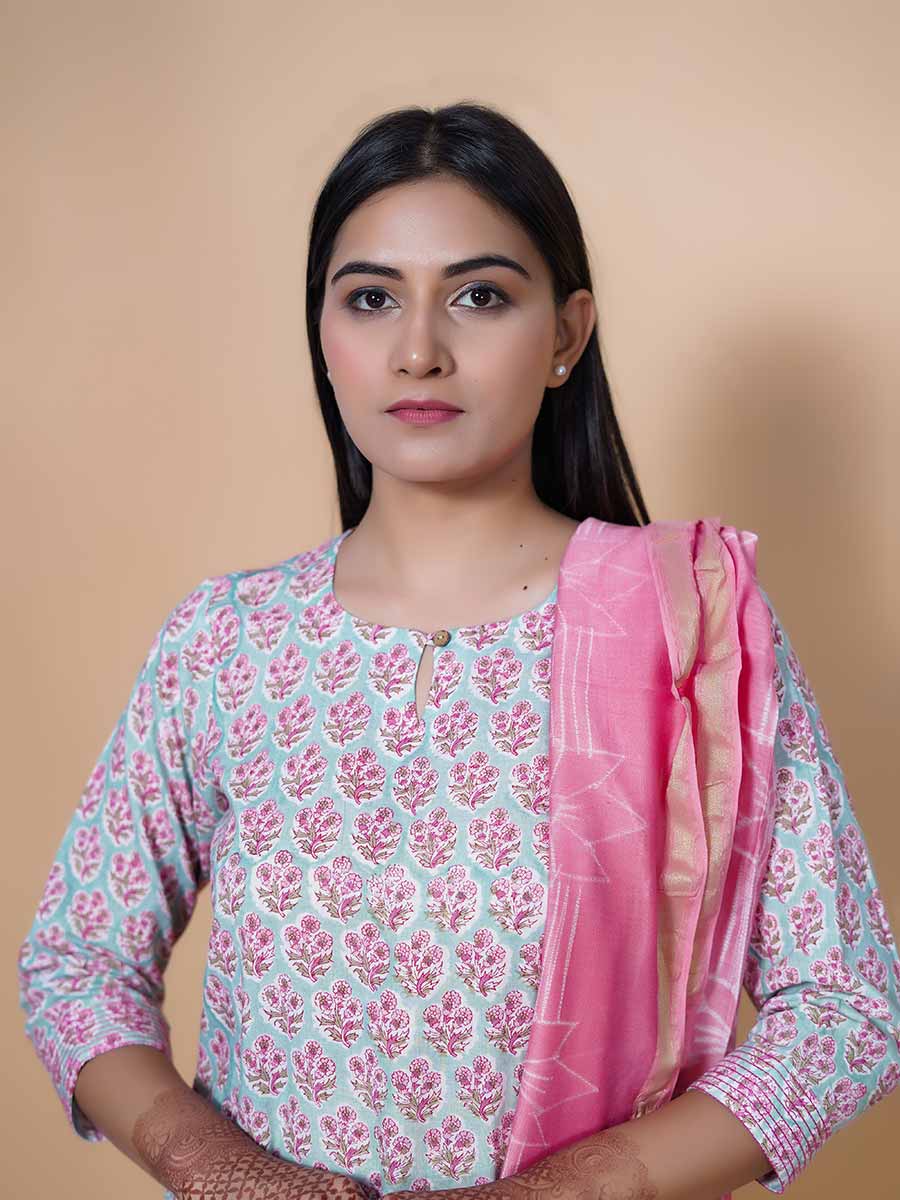 Blue Block Print Cotton Kurta