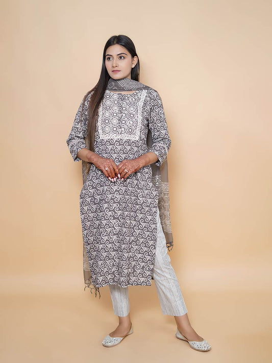 Grey Block Print Cotton Kurta