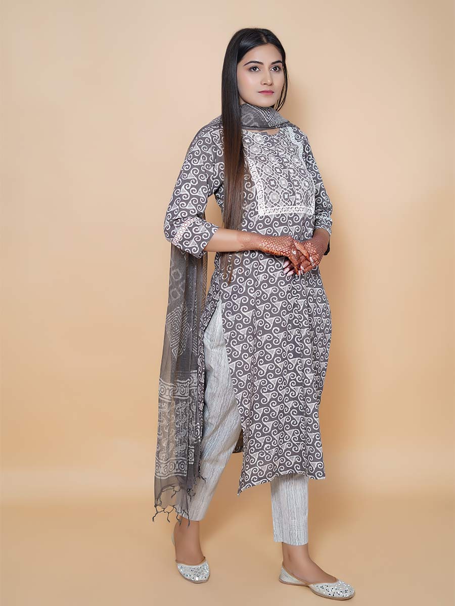 Grey Block Print Cotton Kurta