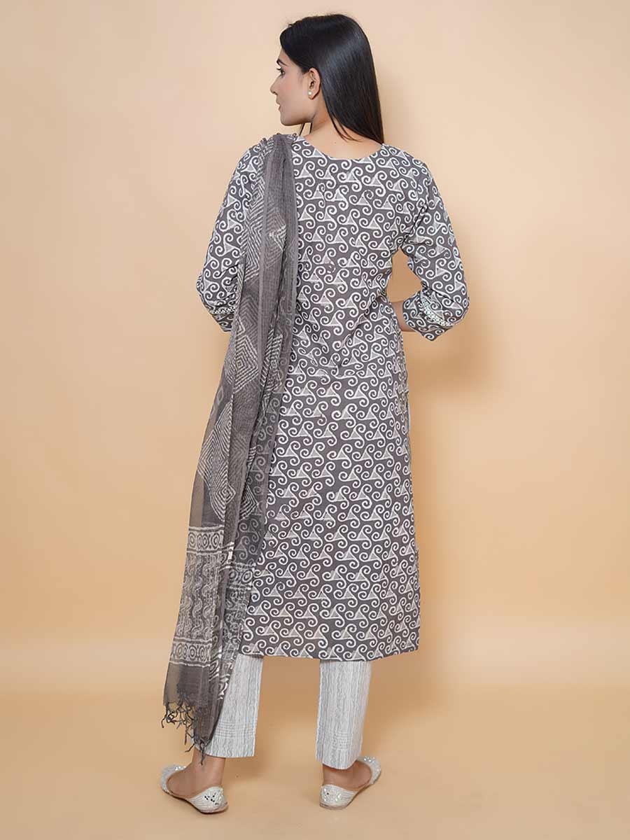 Grey Block Print Cotton Kurta