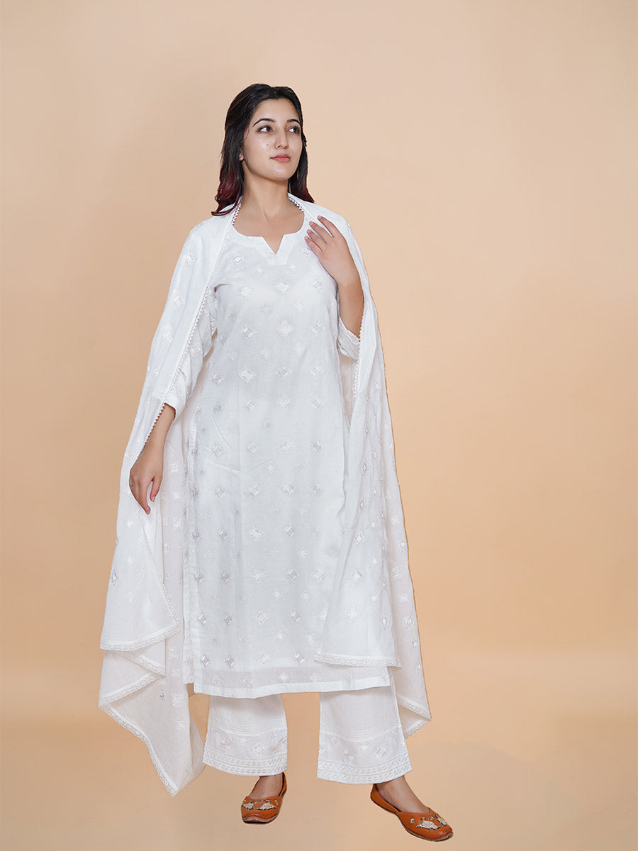White Machine Work Cotton Kurta