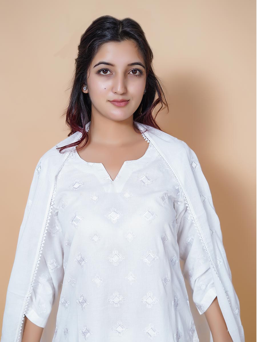 White Machine Work Cotton Kurta