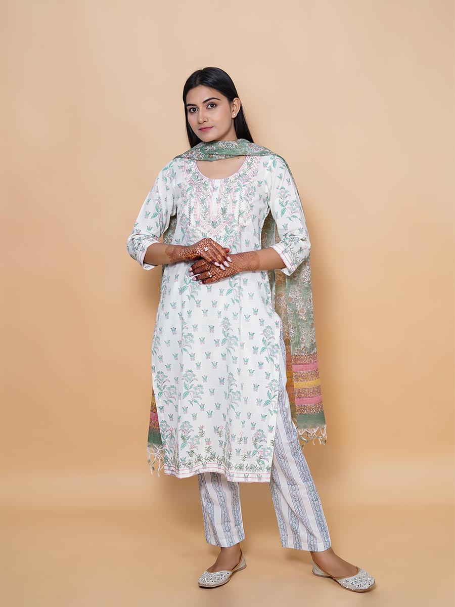 Green Block Print Cotton Kurta
