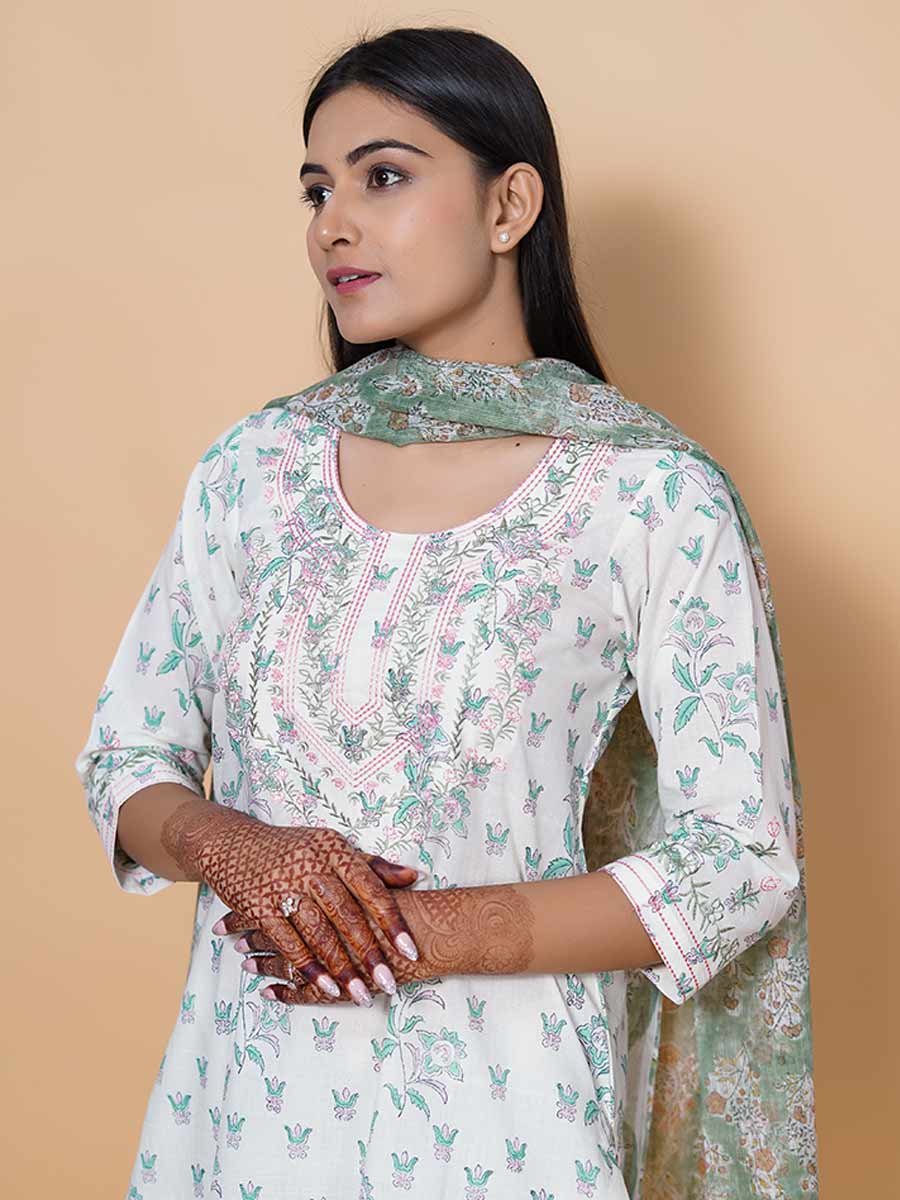 Green Block Print Cotton Kurta