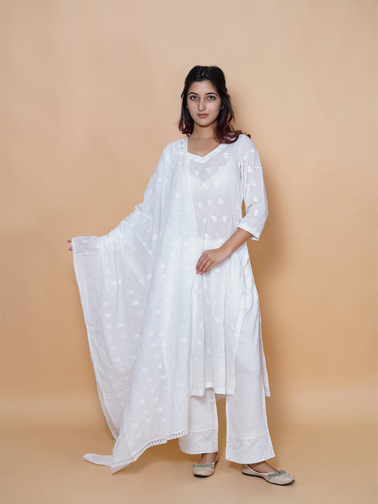 White Machine Work Cotton Kurta
