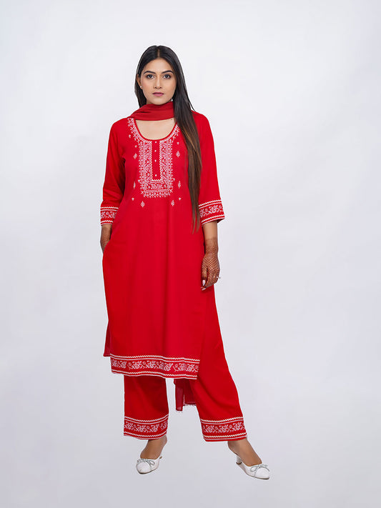 Red Embroidered Rayon Kurta