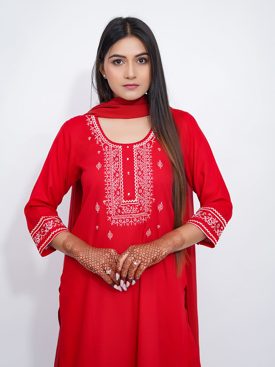 Red Embroidered Rayon Kurta