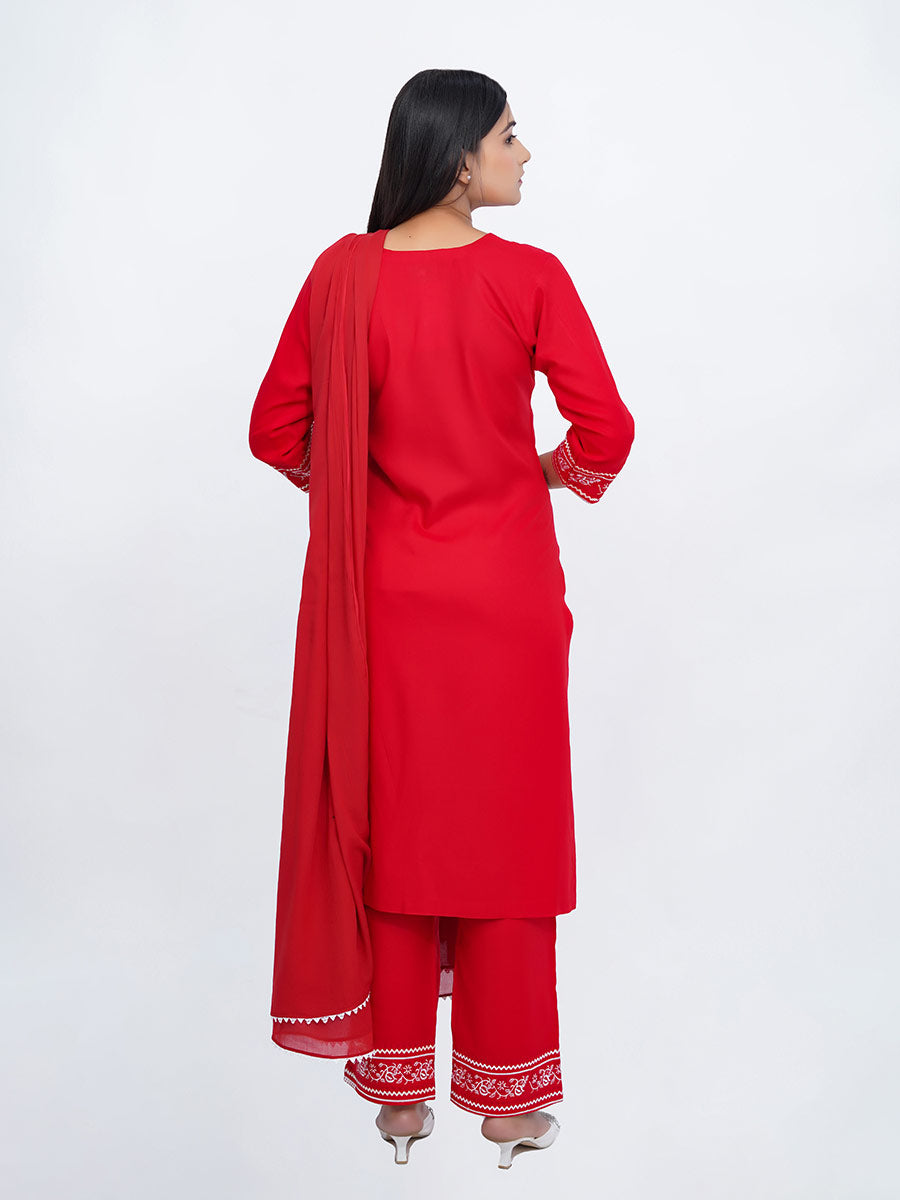 Red Embroidered Rayon Kurta
