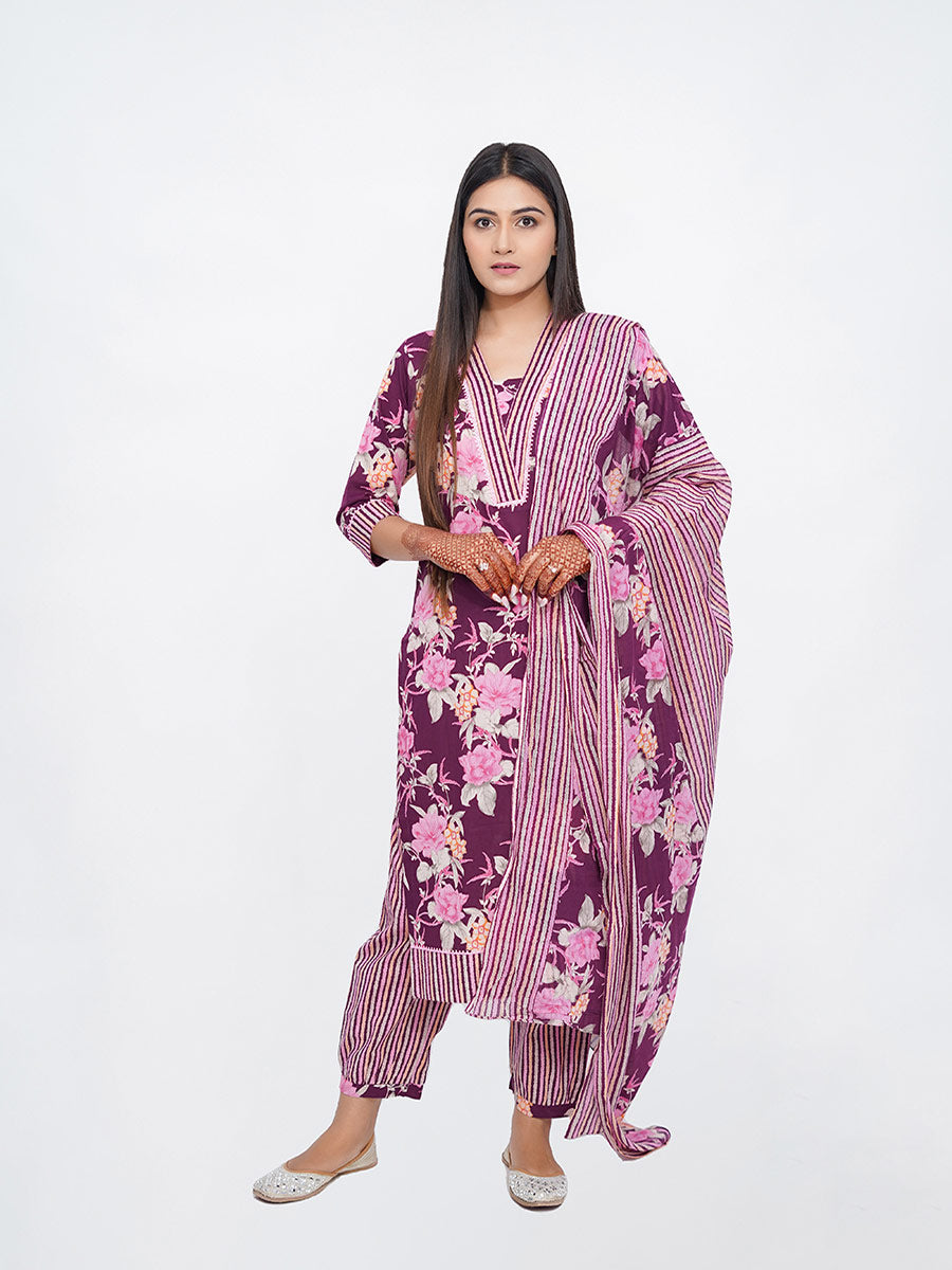 Purple Kalamkari Print Cotton Kurta