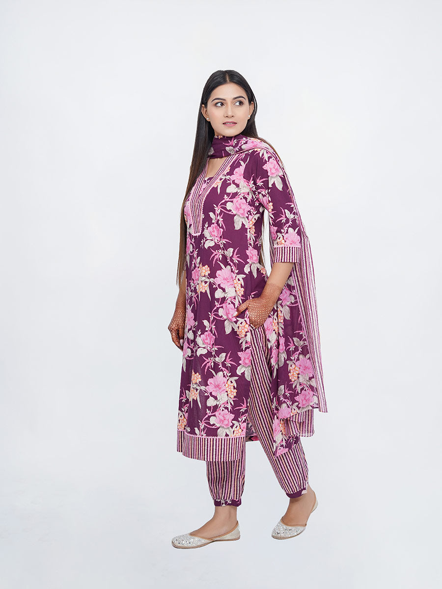 Purple Kalamkari Print Cotton Kurta
