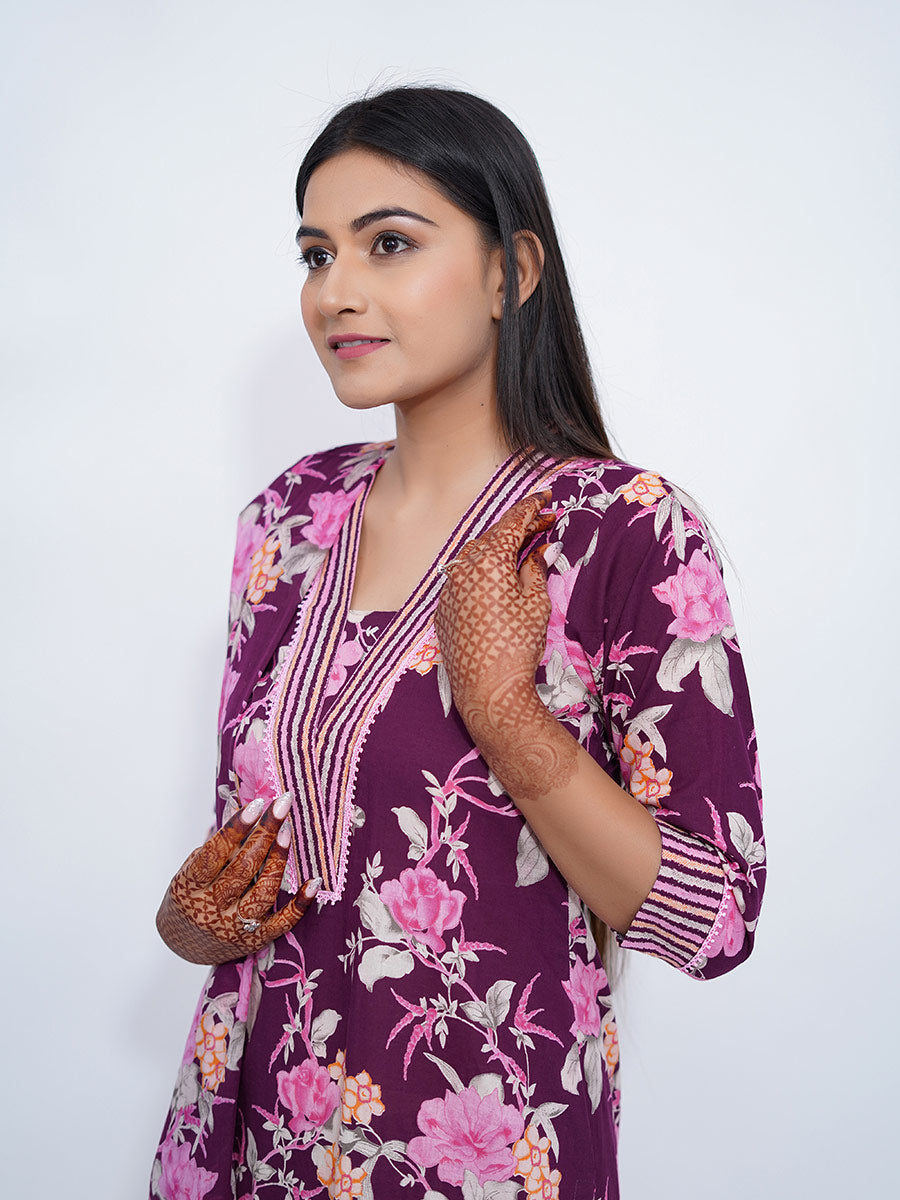 Purple Kalamkari Print Cotton Kurta