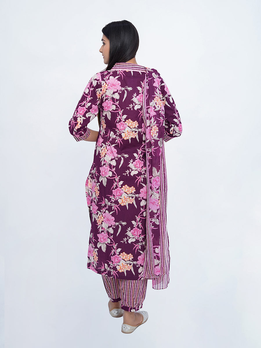Purple Kalamkari Print Cotton Kurta