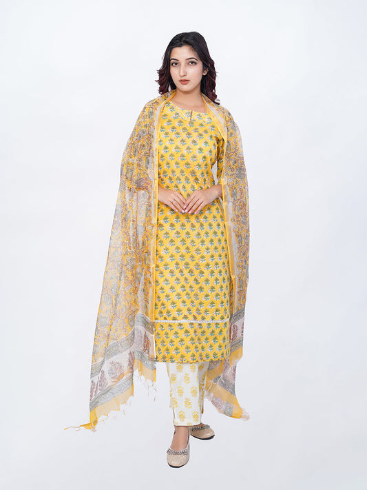 Yellow Block Print Cotton Kurta