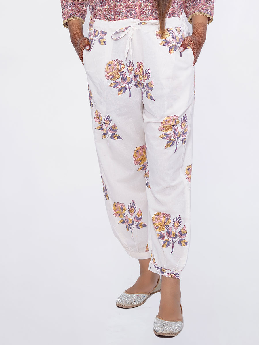 White Dabu Print Cotton Harem