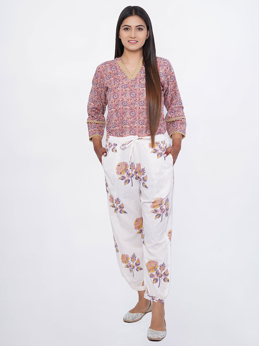 White Dabu Print Cotton Harem
