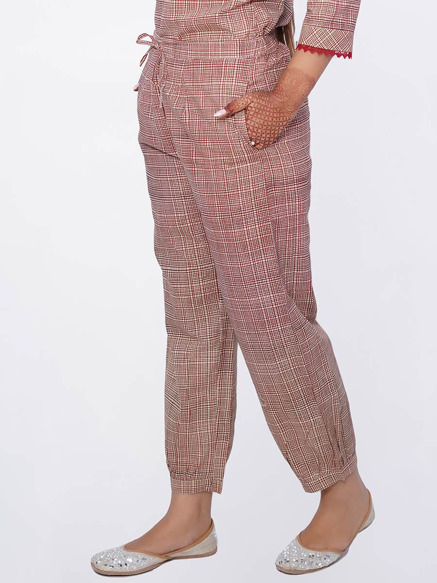 Brown Checked Print Cotton Harem