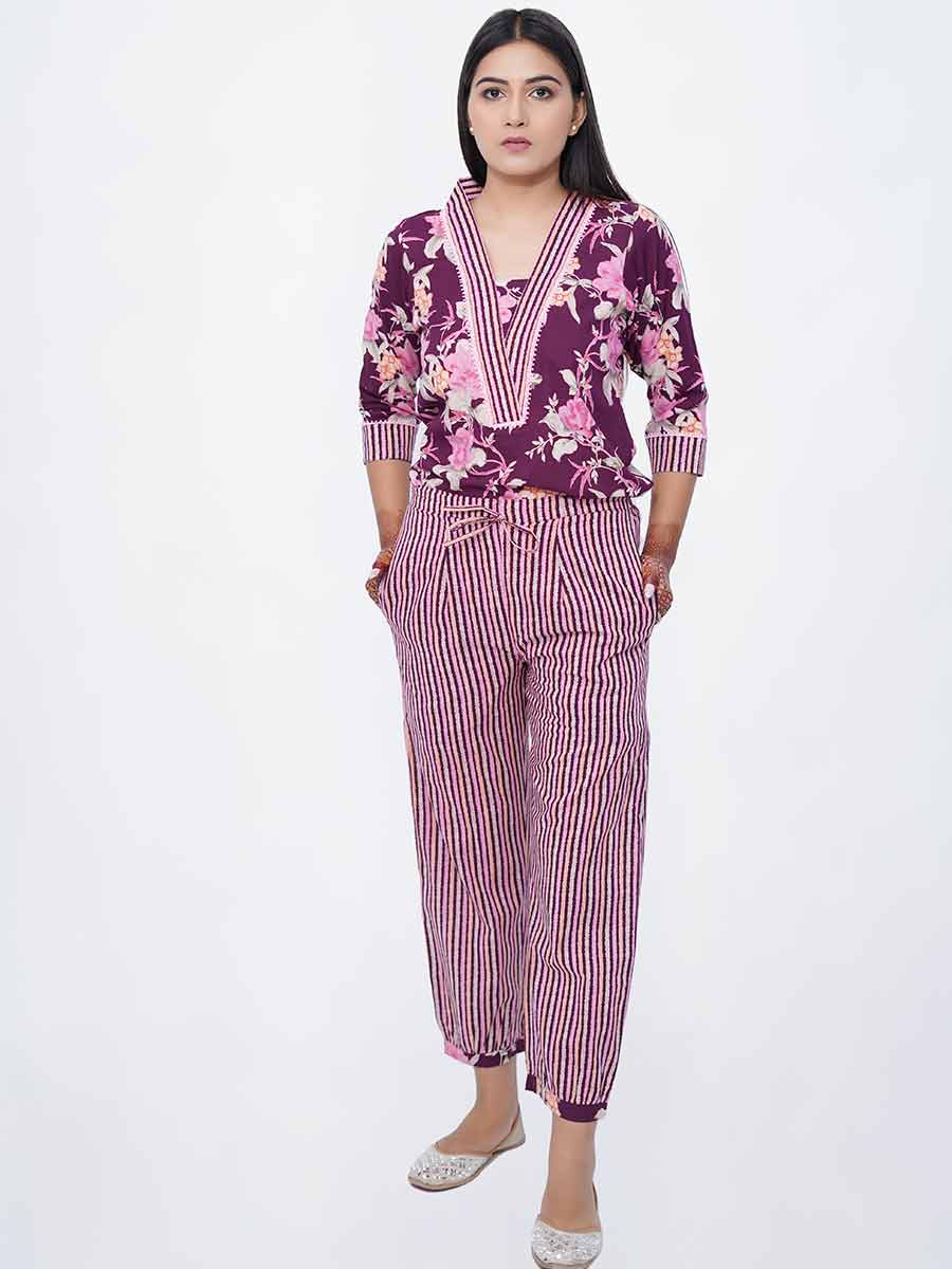 Purple Striped Print Cotton Harem