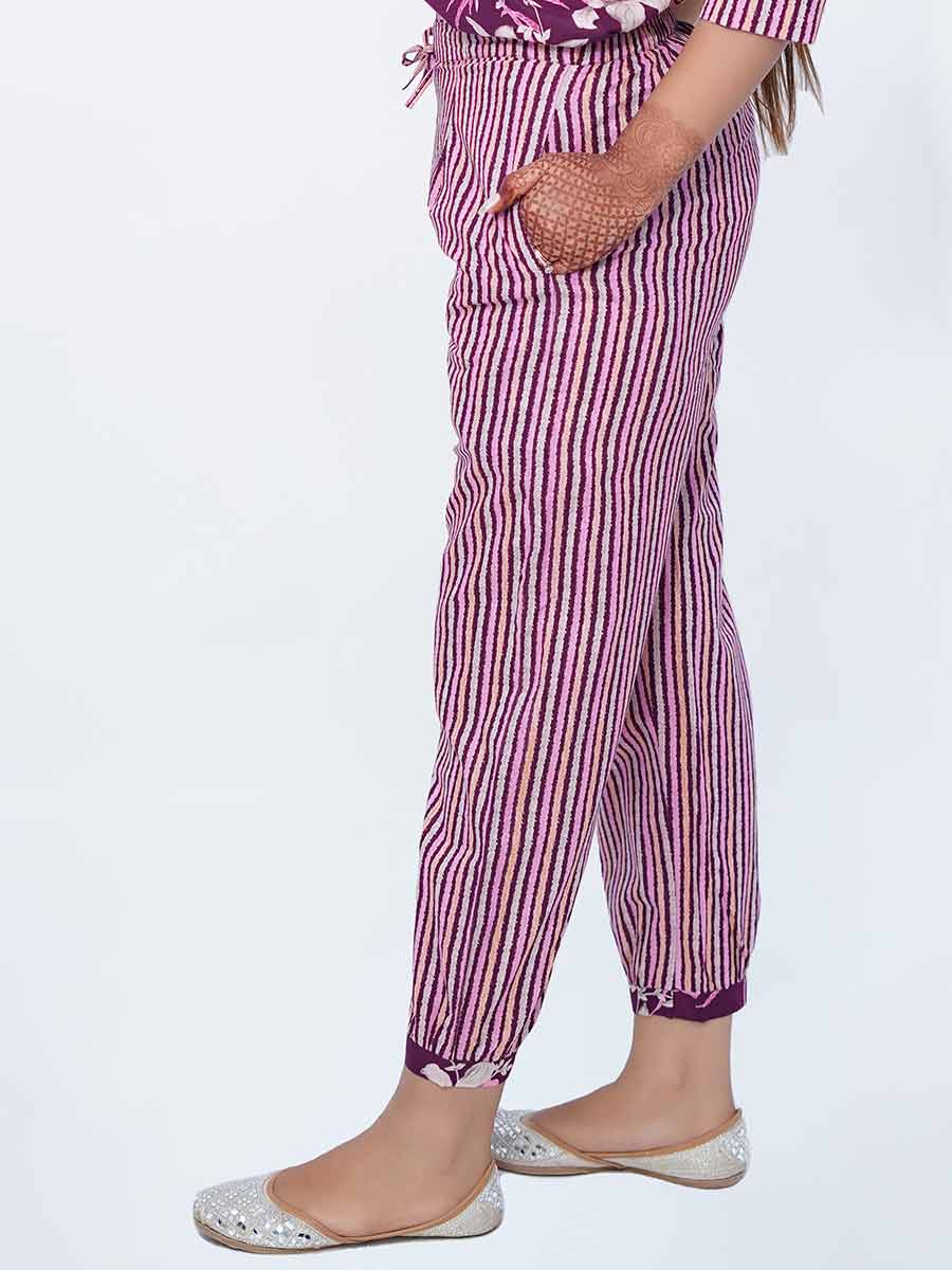 Purple Striped Print Cotton Harem