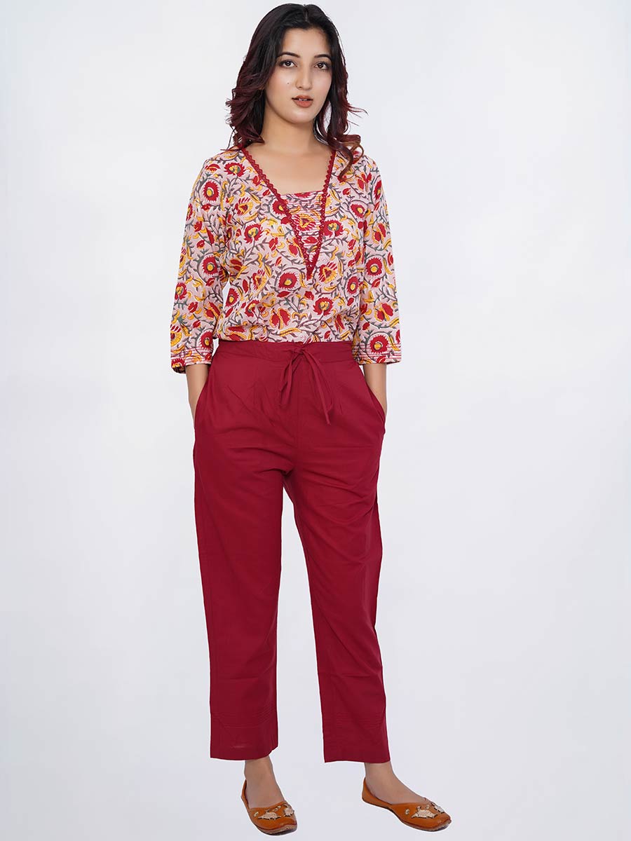 Red Plain Cotton Pant