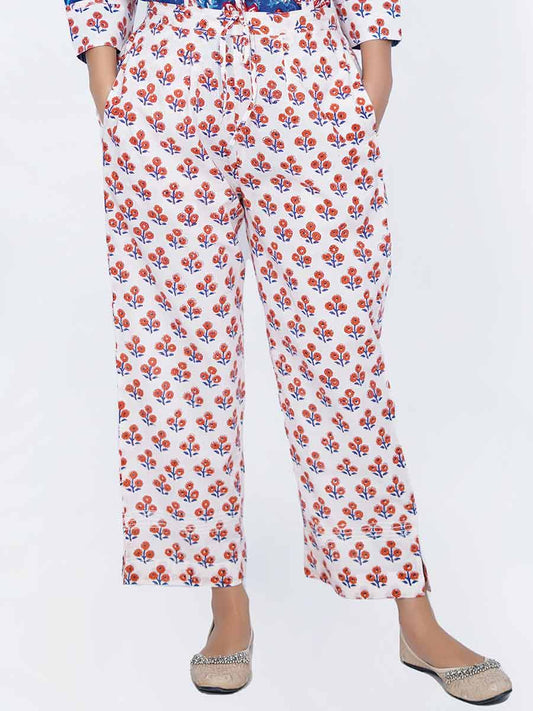 White Block Print Cotton Pant