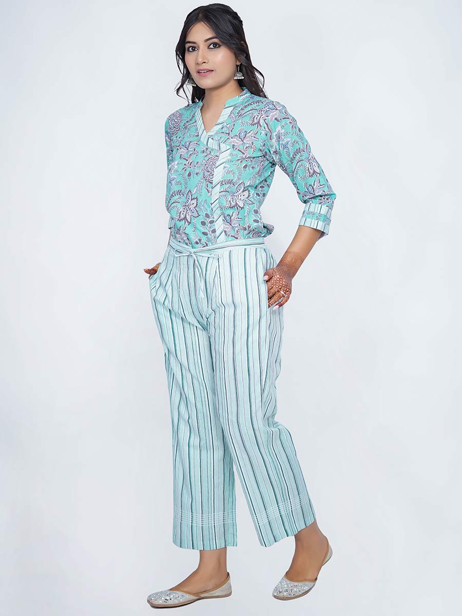 Blue Striped Print Cotton Pant