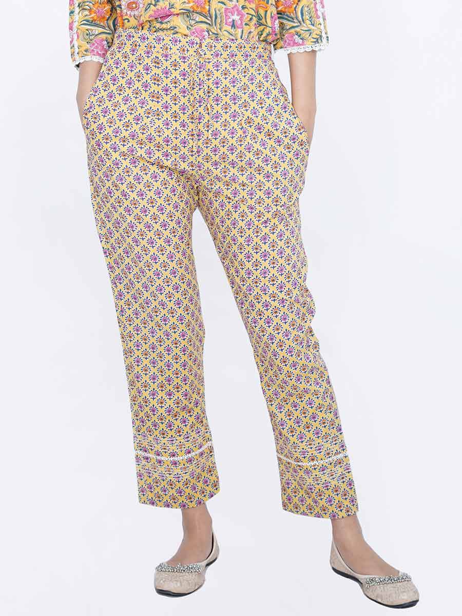Yellow Block Print Cotton Pant