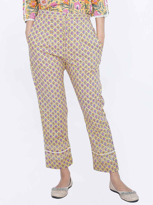Yellow Block Print Cotton Pant