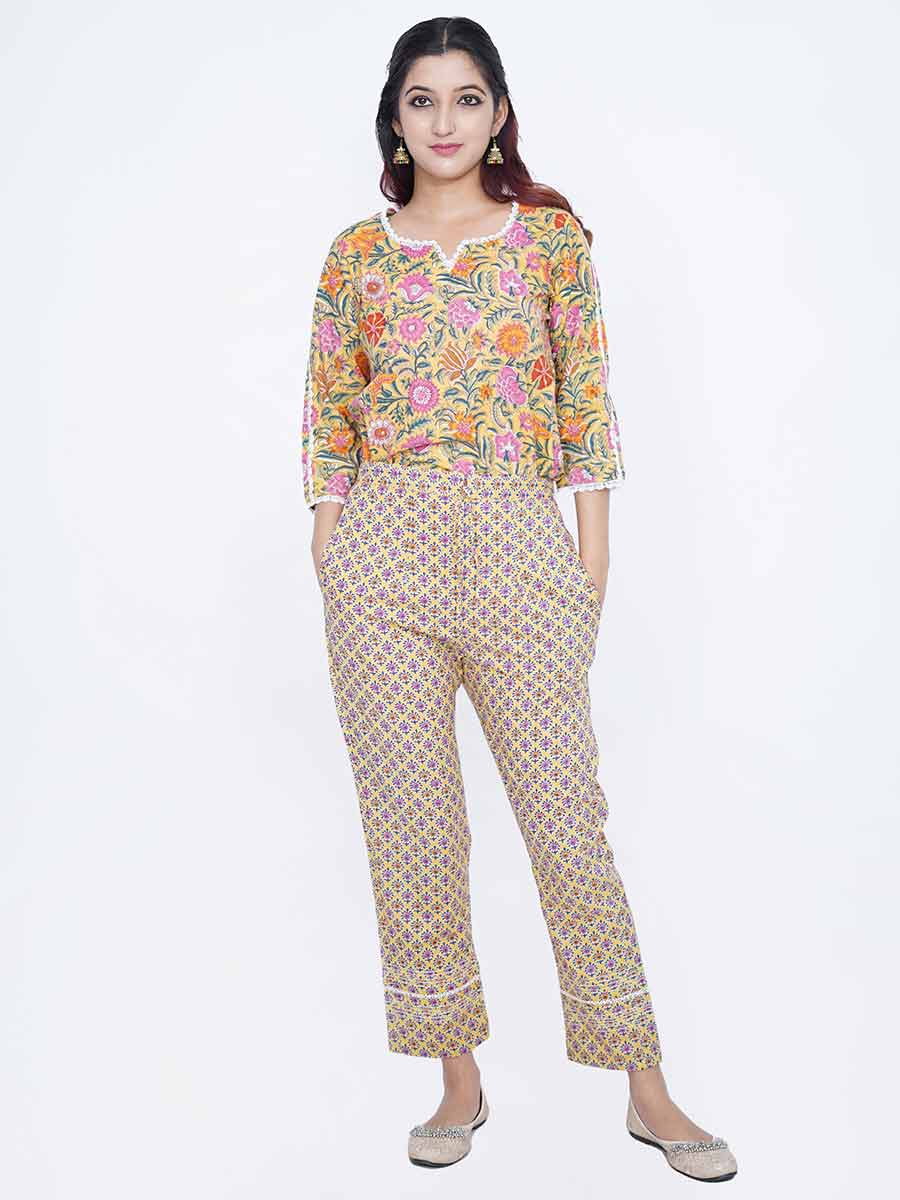 Yellow Block Print Cotton Pant