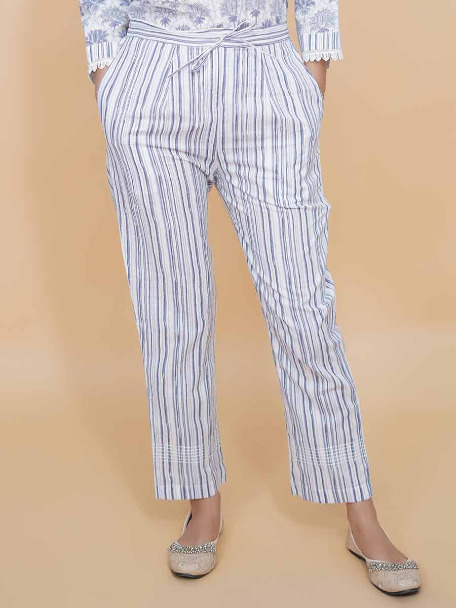 Blue Striped Print Cotton Pant
