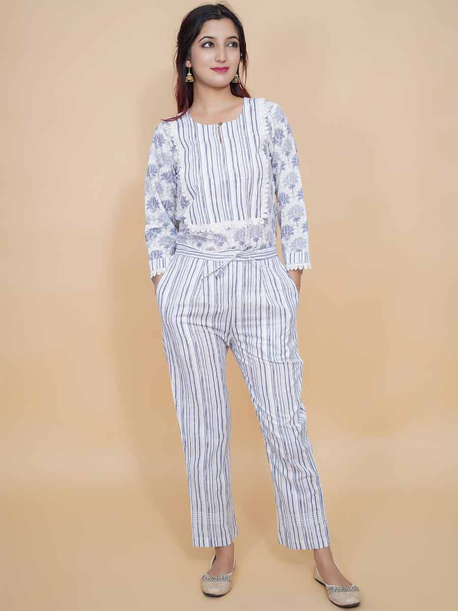 Blue Striped Print Cotton Pant