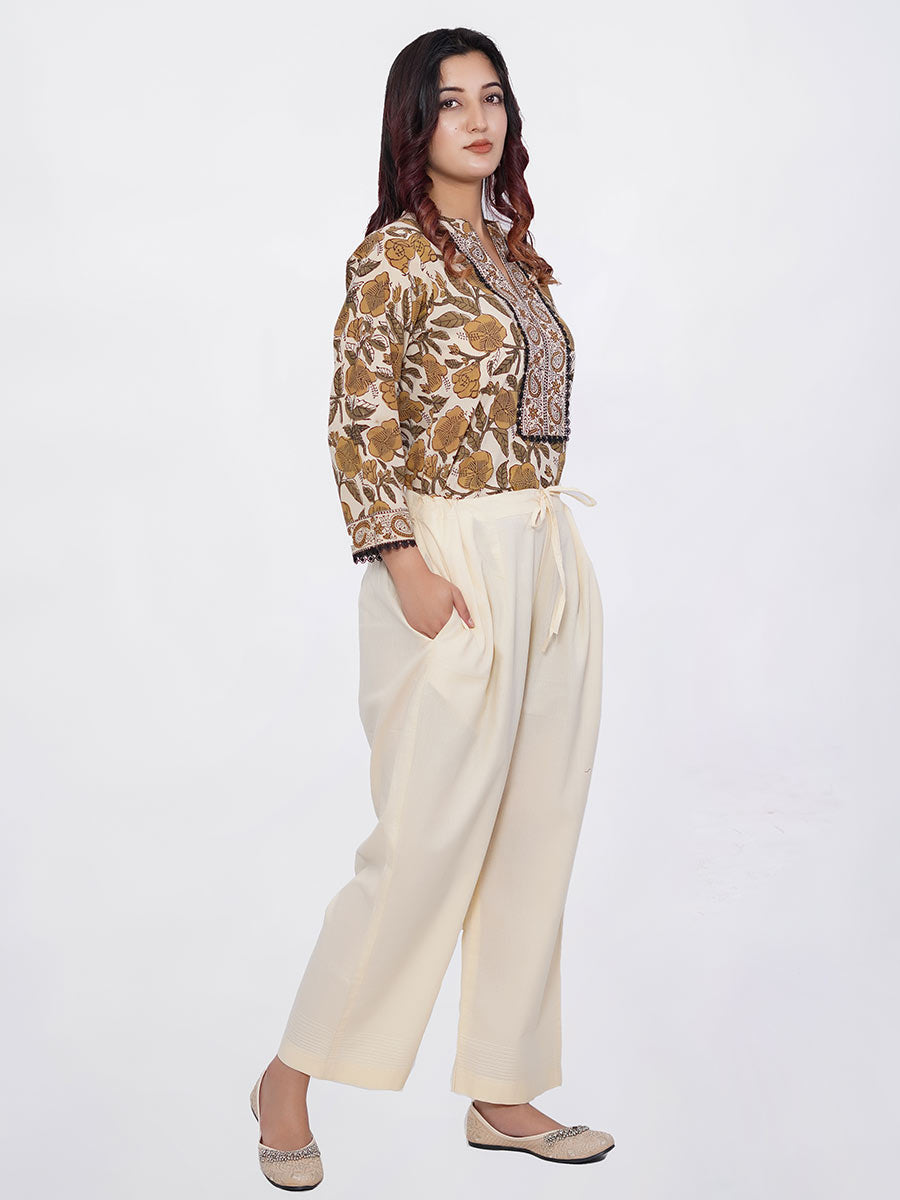 Beige Plain Cotton Pant