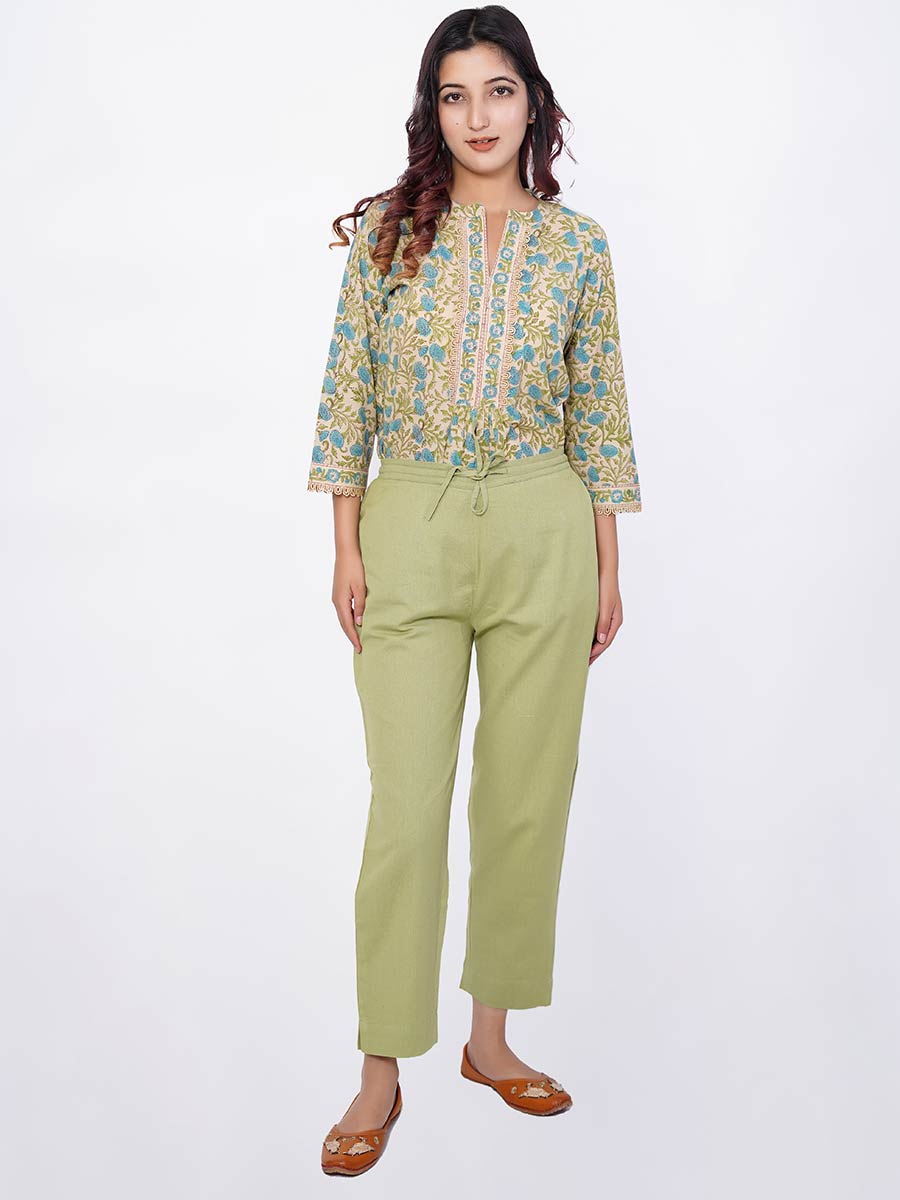 Green Plain Cotton Pant
