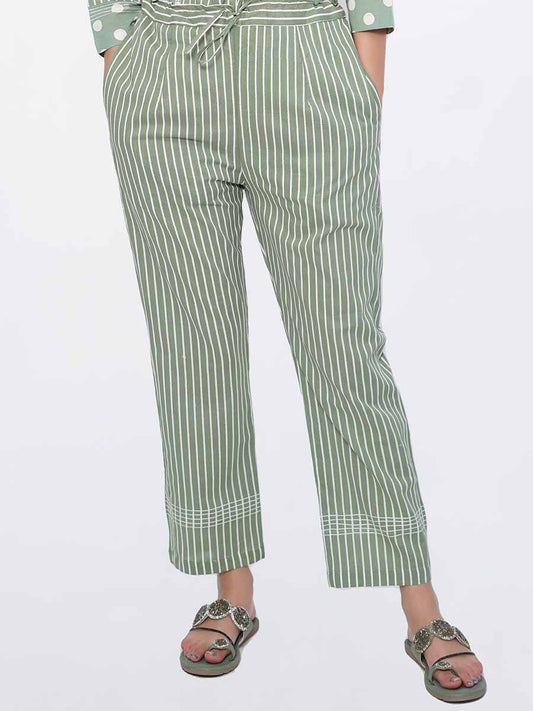 Green Striped Print Cotton Pant